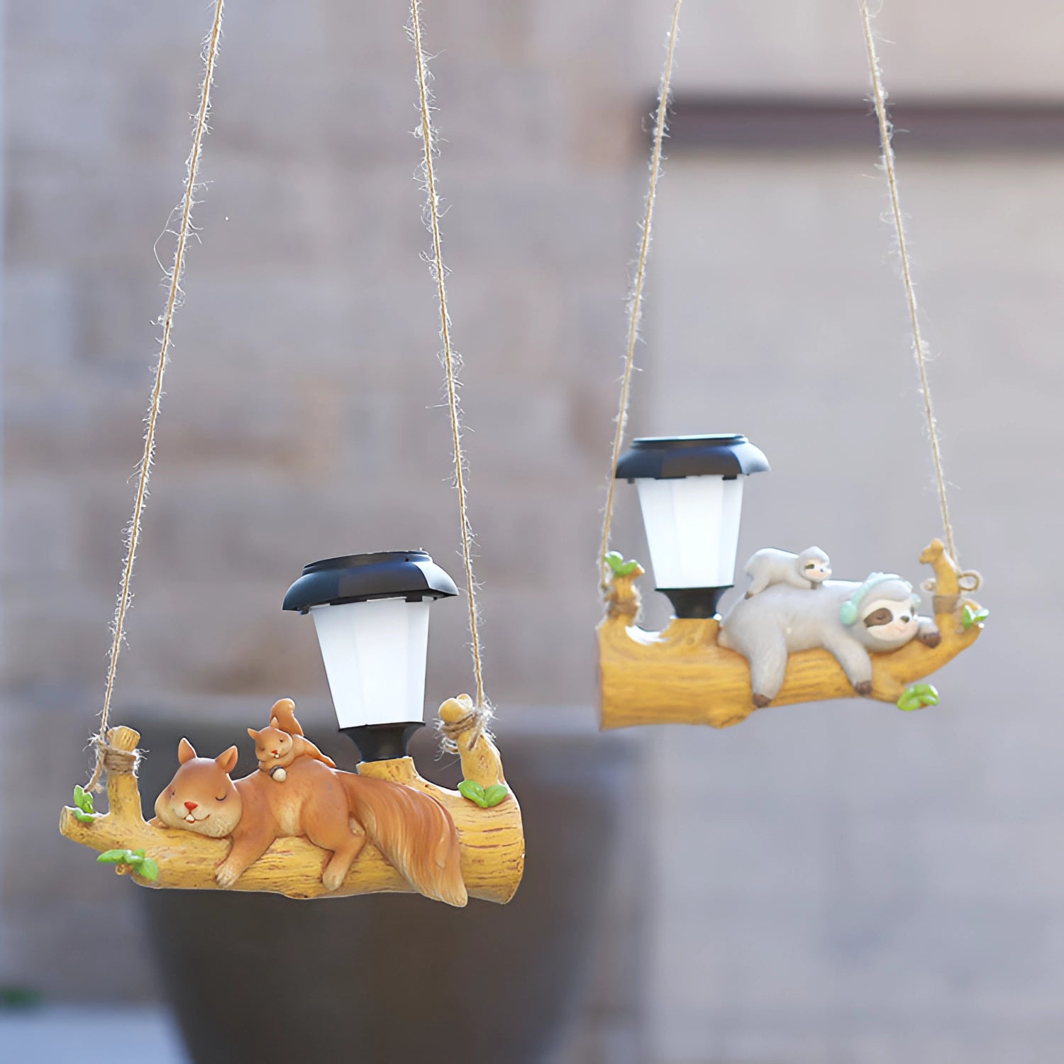 Squirrel-shaped solar garden lamp featuring a whimsical design, placed outdoors with a solar panel powering an LED light, resembling an animal figure.