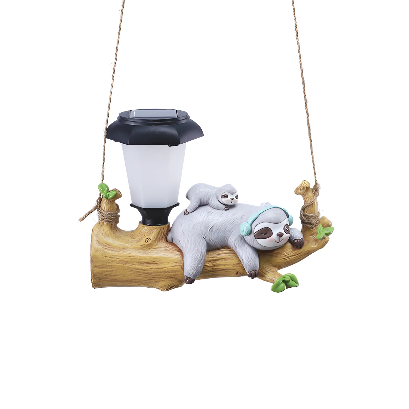 Squirrel-shaped solar garden lamp featuring a whimsical design, resembling a toy with a swing, set among plants and flowerpots, creating a playful outdoor lighting accent.