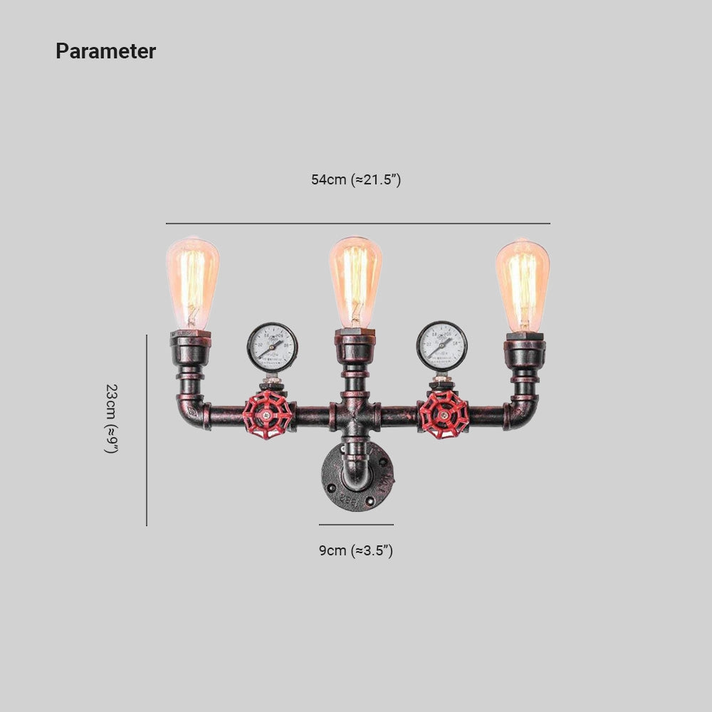 Steampunk Industrial Pipe Wall Lamp featuring an Edison bulb and decorative gauge, designed with intricate metalwork and vintage style, mounted on a wooden plaque.