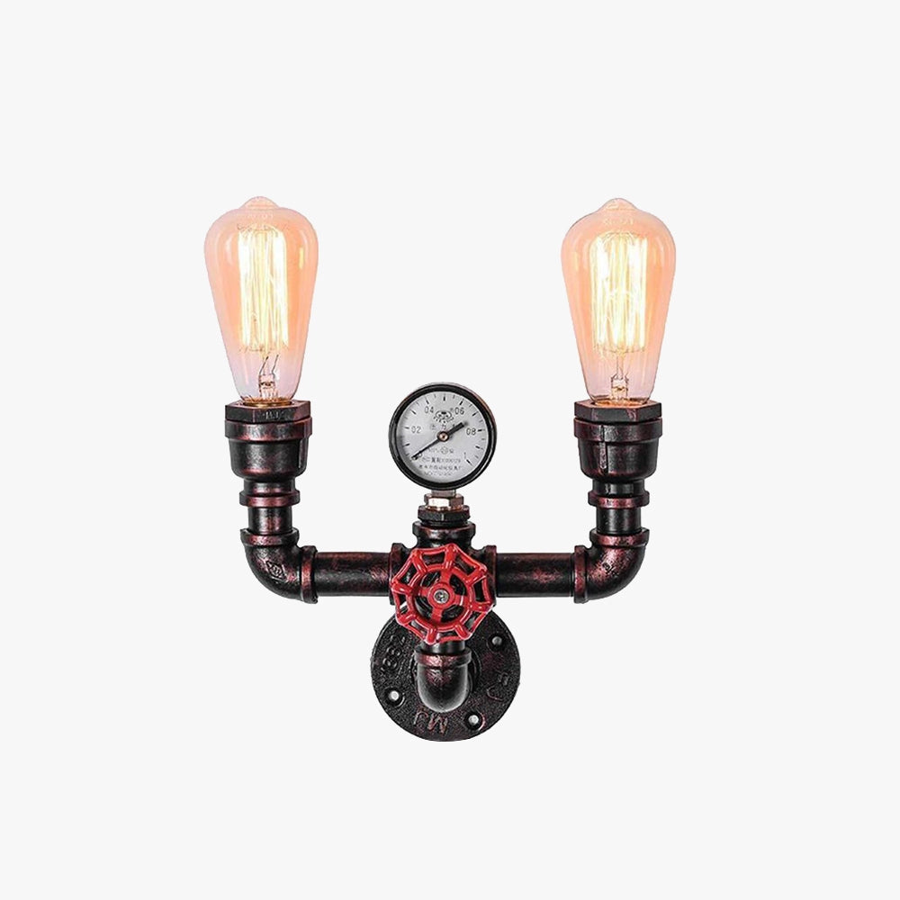 Steampunk industrial wall lamp with two Edison bulbs and decorative gauge, featuring a vintage pipe design and suitable for interior use.