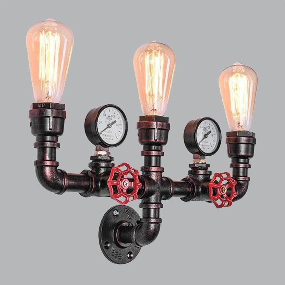 Steampunk industrial pipe wall lamp featuring an Edison bulb and decorative gauge, showcasing a vintage and rustic design element ideal for interior spaces.