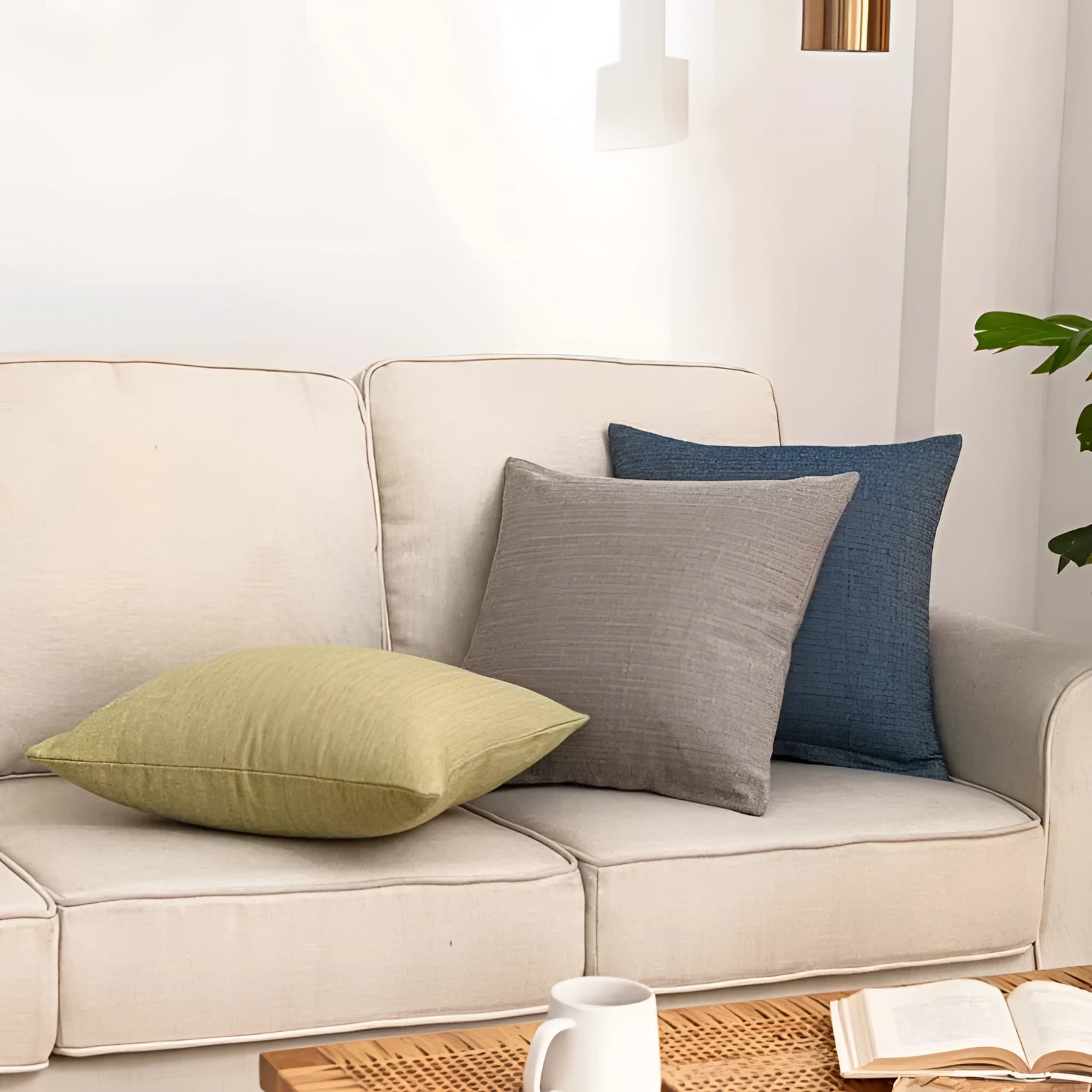 Striped accent pillows placed on a modern studio couch in a neutrally decorated living room, with wooden furniture and flooring in the background.