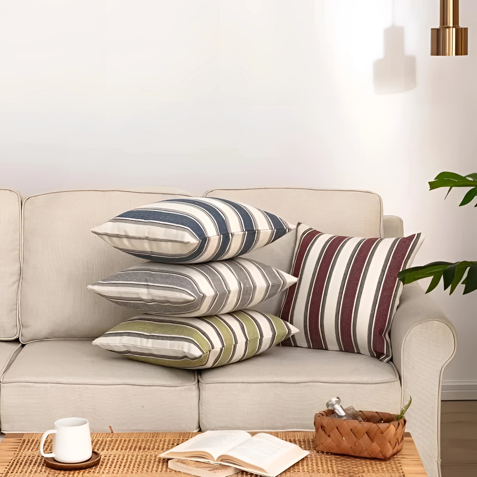 Striped accent pillows placed on a white studio couch in a modern living room setting, complemented by a wooden table.