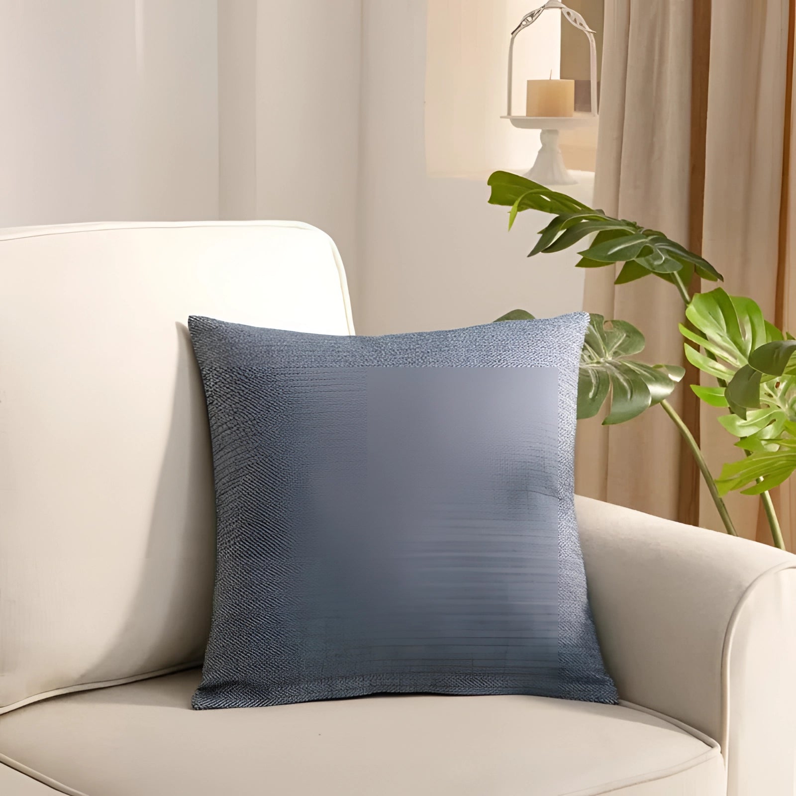 Striped blue accent pillow on a modern living room couch, featuring a neutral color scheme with stylish textile design, measuring 45 x 45cm.