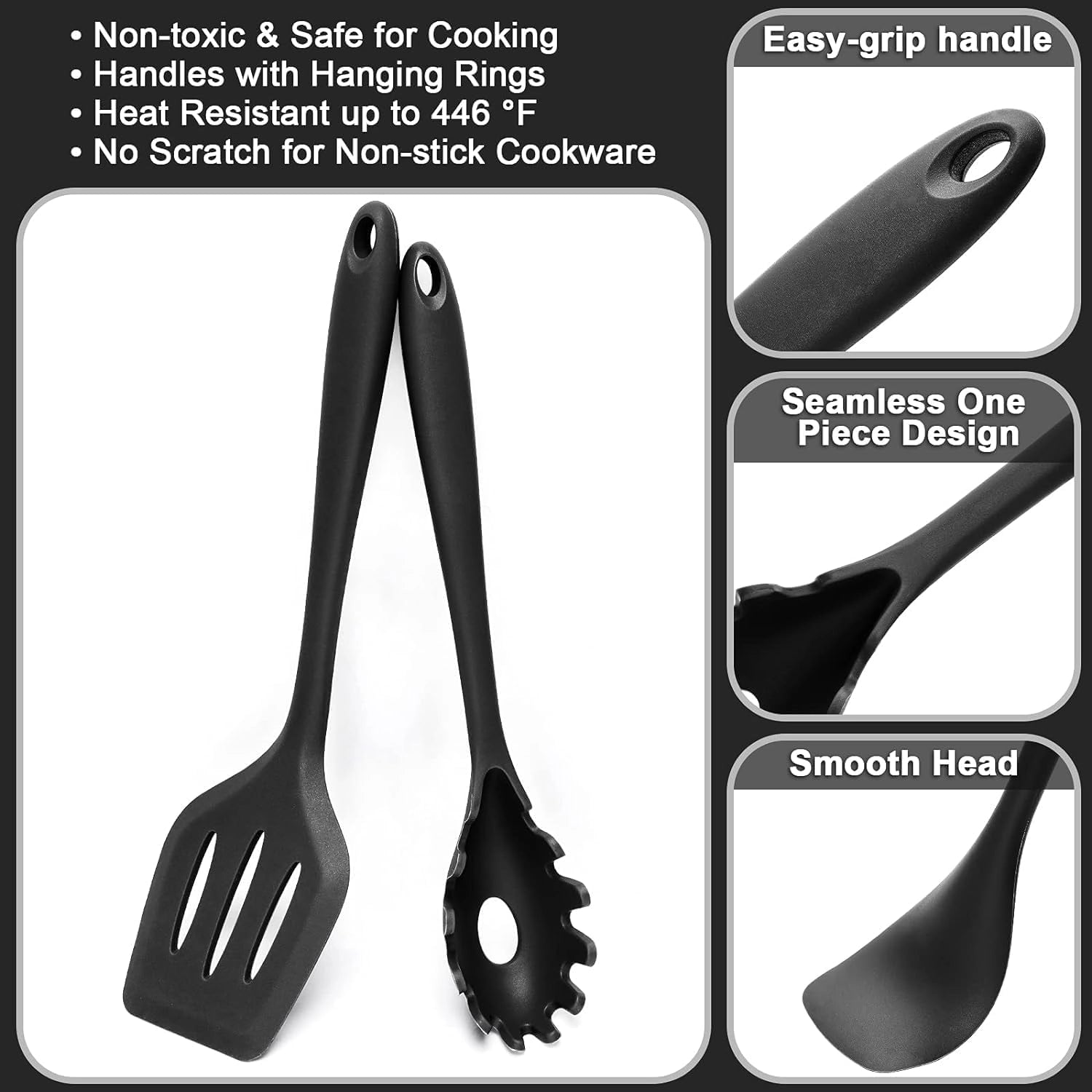 Stylish Black Silicone Kitchen Utensils Set - Non-Stick, Heat-Resistant