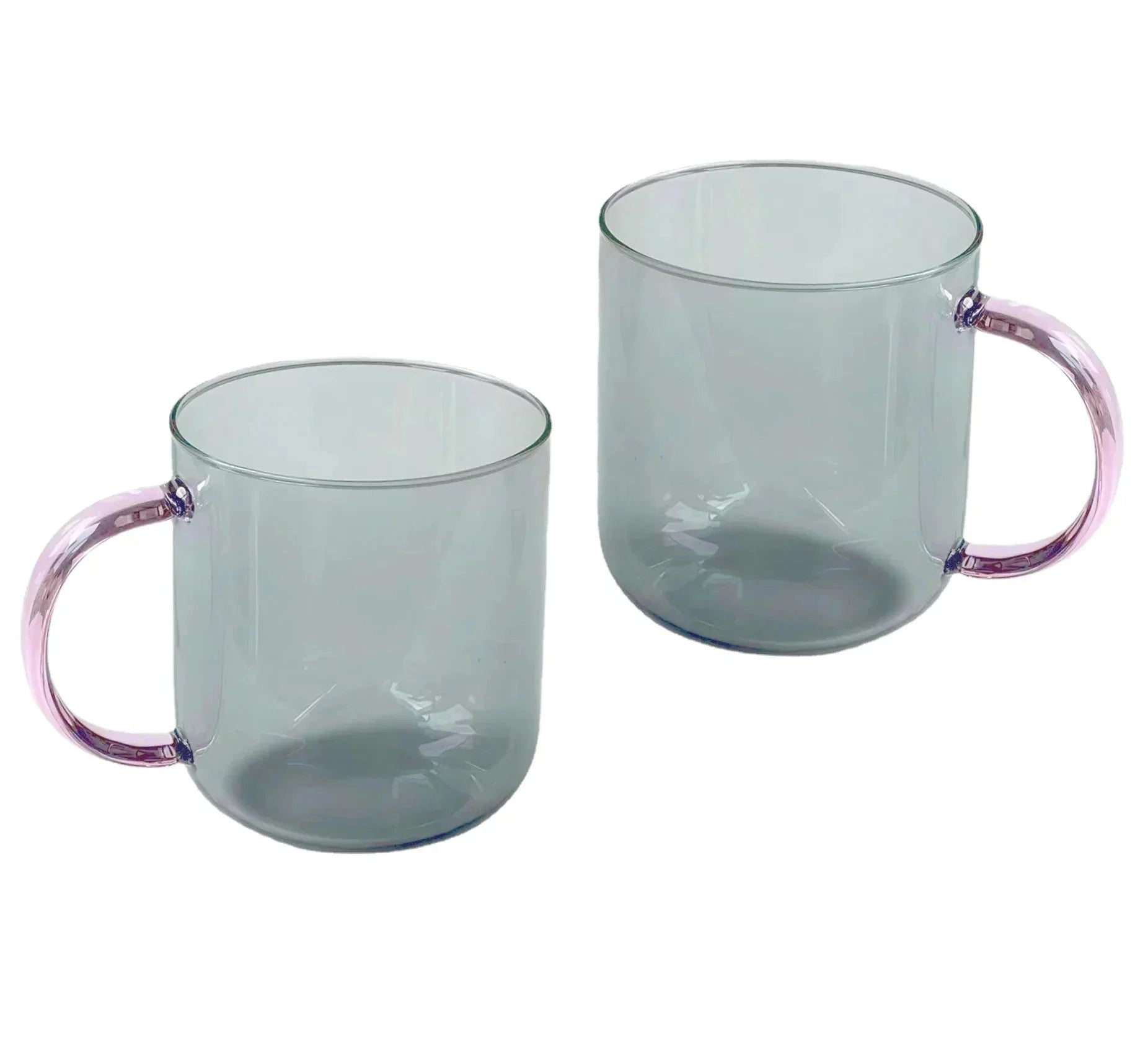 Stylish lightweight gray glass coffee and tea mugs, set of 2, each with a 350ML capacity, featuring a sleek cylindrical design.