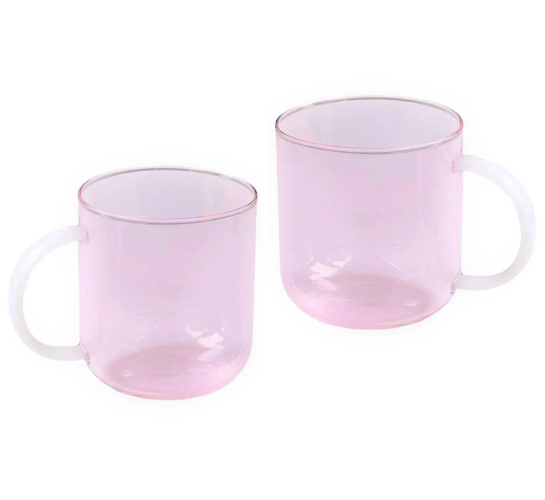 Stylish lightweight pink glass coffee and tea mugs with a capacity of 350ML, featuring a unique magenta hue, ideal for serving beverages in an elegant setting; set includes two matching pieces.