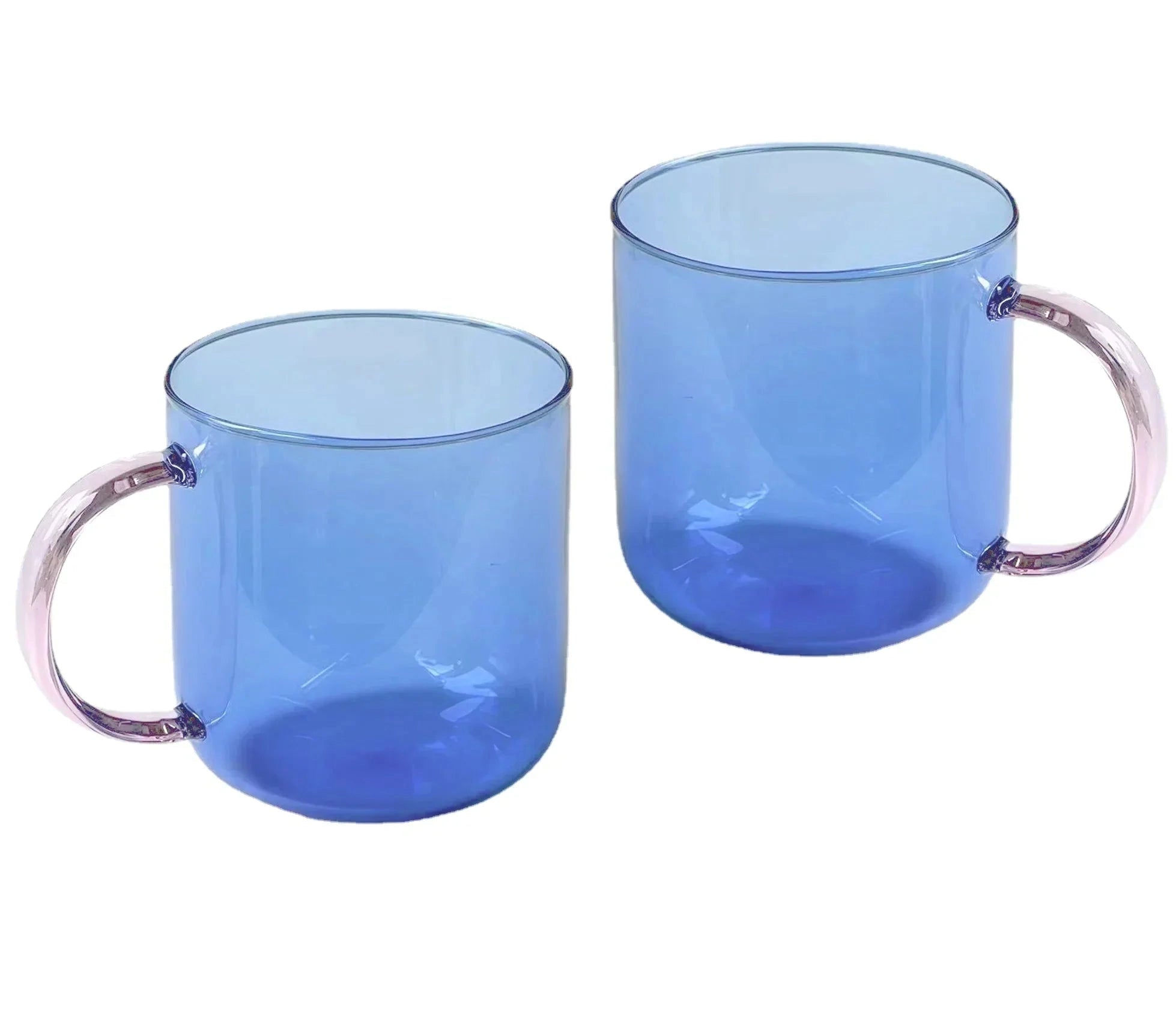 Stylish lightweight glass coffee and tea mugs in a light blue color, part of a two-piece set, with a 350ML capacity, featuring a sleek and modern design perfect for serving beverages.