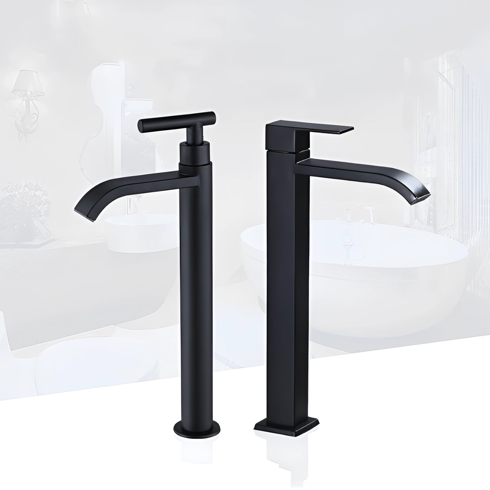 Tall black matte single-handle bathroom faucet for vessel sink with a sleek modern design, emphasizing its metal handle and contemporary style.