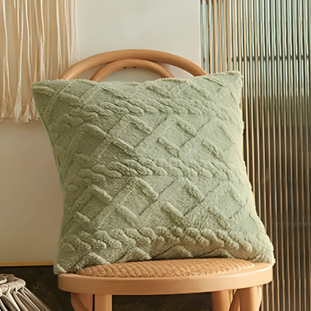 Textured velvet throw pillows in a geometric multi-color design, displayed in a set of six pieces in pea green, arranged on a wooden chair with natural light highlighting their soft textile pattern.