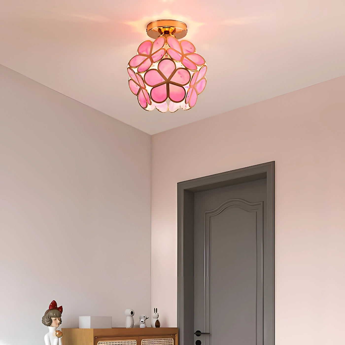 Tiffany Style Stained Glass Ceiling Light with Art Nouveau design featuring orange and wood tones, flush mounted on a ceiling, adding a warm and elegant ambiance to the interior space.