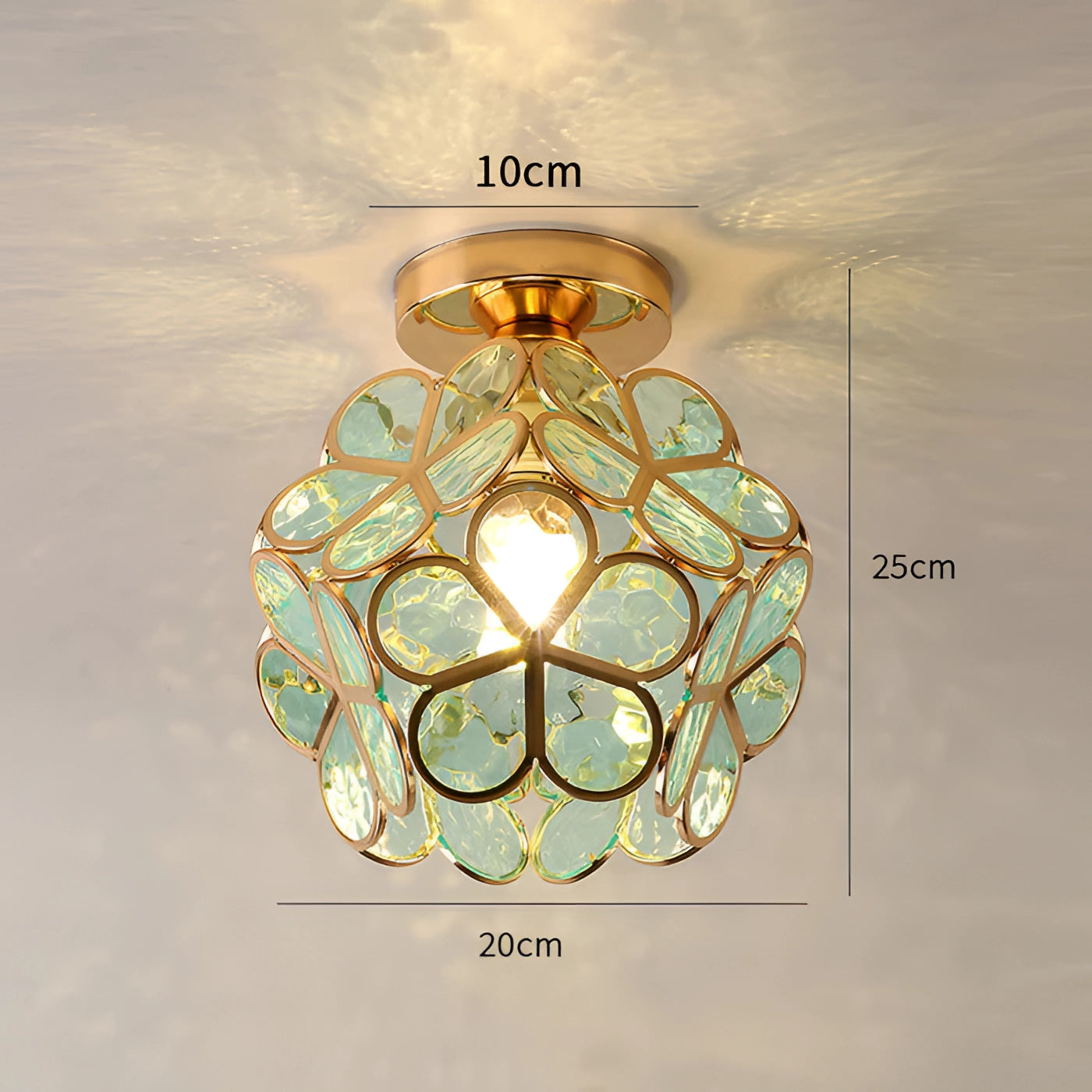 Tiffany style stained glass ceiling light fixture with an Art Nouveau flush mount design, featuring a symmetrical circular pattern in various tints and shades, resembling a chandelier with a ceiling mount.