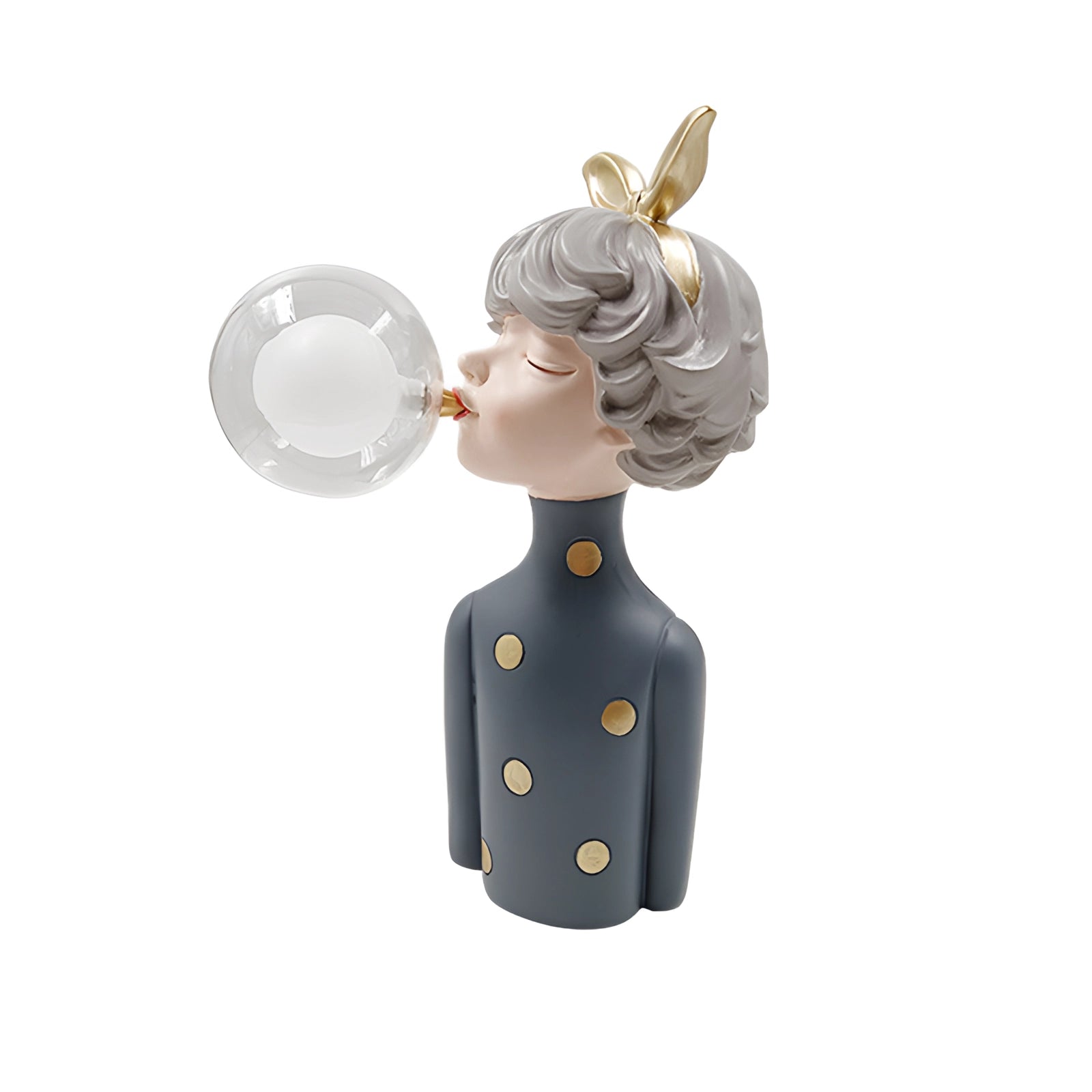 Whimsical ceramic statue featuring a bubble girl with gold bunny ears, showcasing a playful and artistic design.