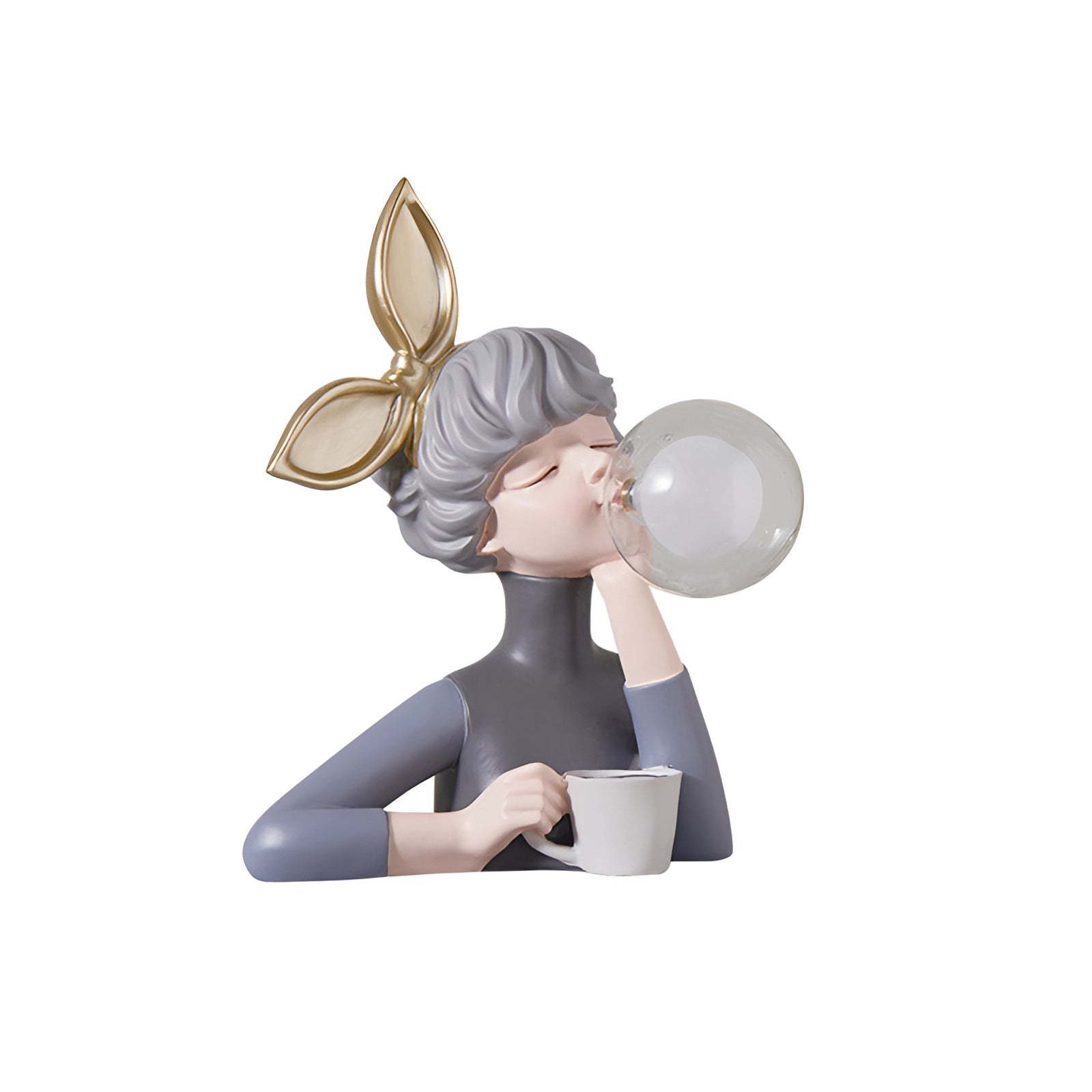 Whimsical ceramic statue featuring a girl holding a coffee cup, adorned with gold bunny ears, a fashionable hat, and stylish eyewear.