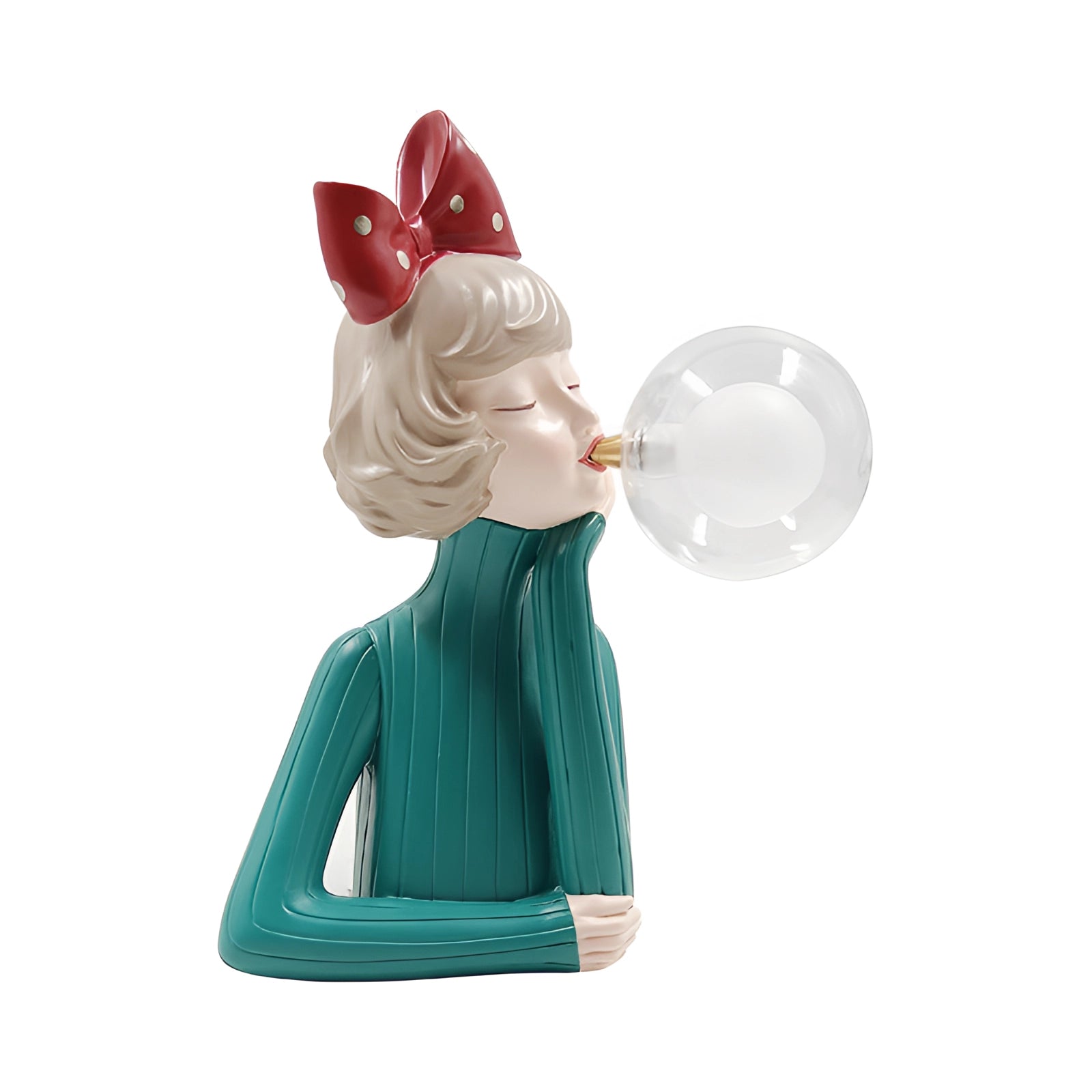 Whimsical ceramic bubble statue featuring a bow girl with gold bunny ears, showcasing detailed head and arm gestures, dressed in a stylish outfit with a prominent sleeve, and a playful, fictional character design.