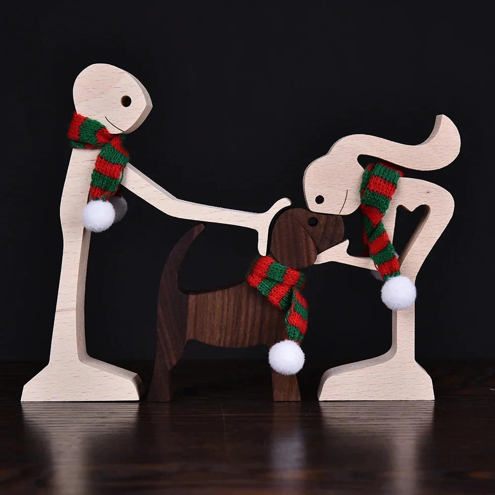 Wooden dog sculpture featuring a striped scarf around its neck, designed as a festive holiday figurine.