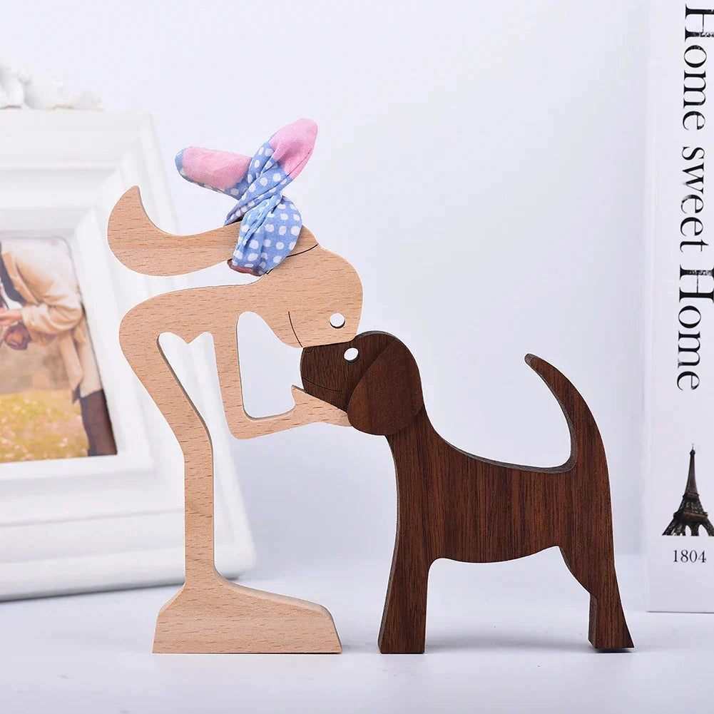 Wooden dog sculpture featuring a striped scarf, designed as a festive holiday figurine with a fawn color and artful detailing.