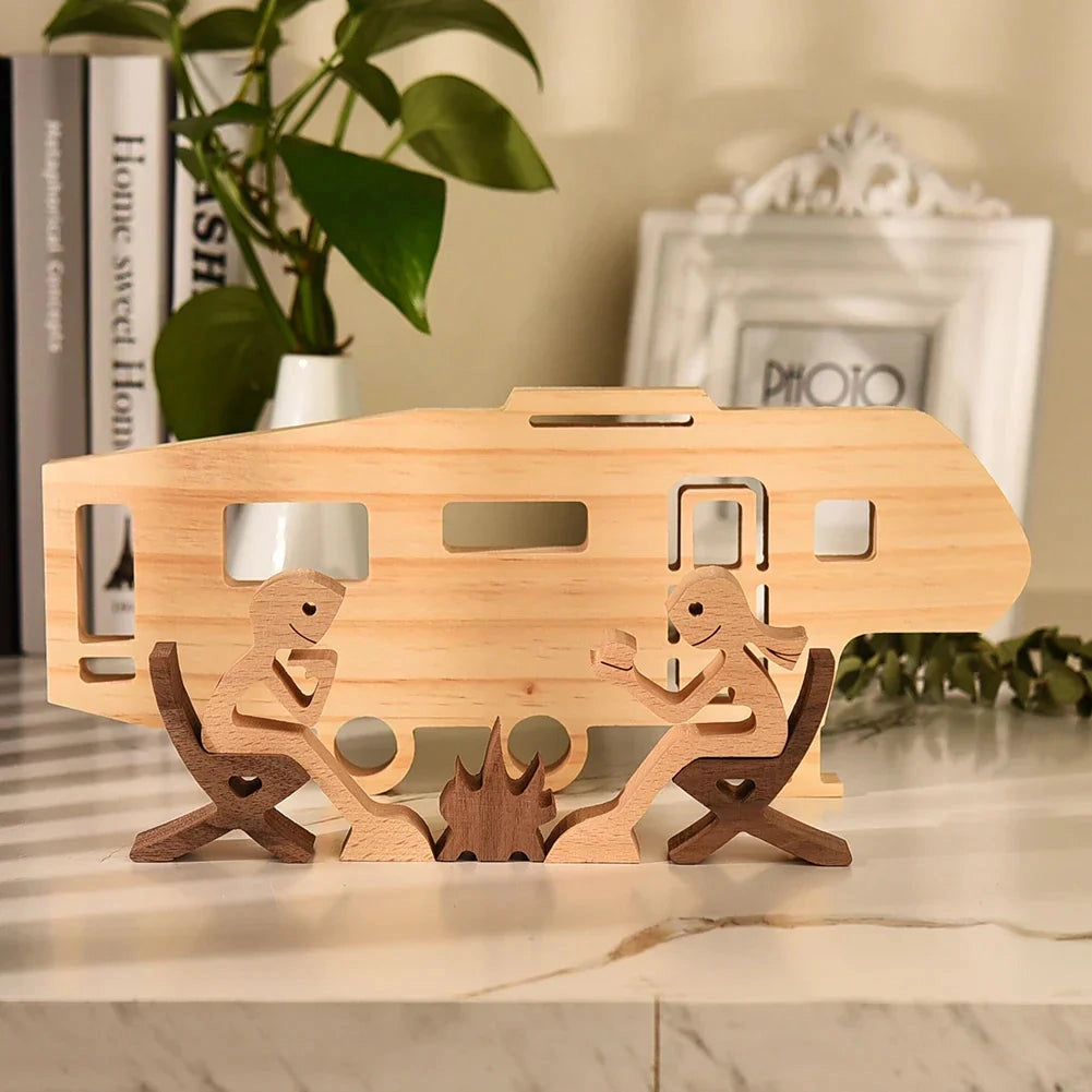 
A handcrafted wooden dog sculpture adorned with a striped scarf, displayed on a wooden table, showcasing its festive holiday spirit.