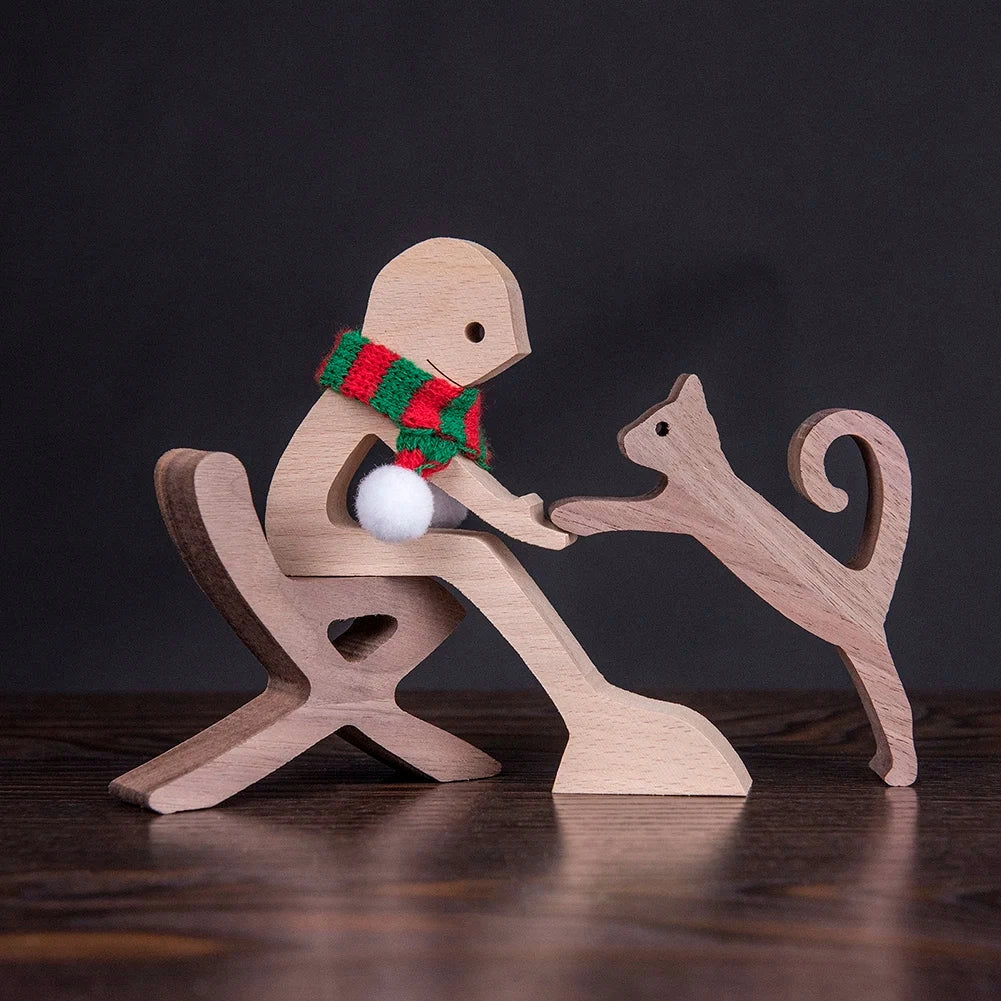 Wooden dog sculpture adorned with a striped scarf, depicting a festive holiday theme, characterized by a playful and happy expression, resembling a cartoon-style art piece.