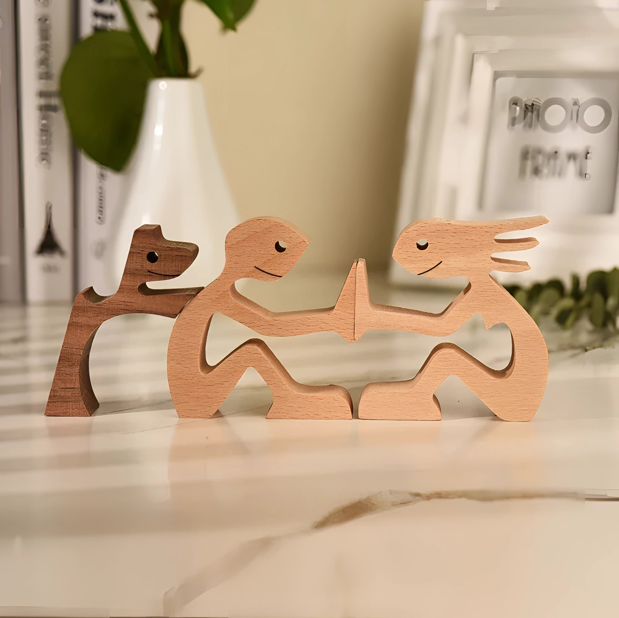 A wooden dog sculpture adorned with a striped scarf, designed as a festive holiday figurine, showcasing intricate wood craftsmanship and a natural wood stain finish.