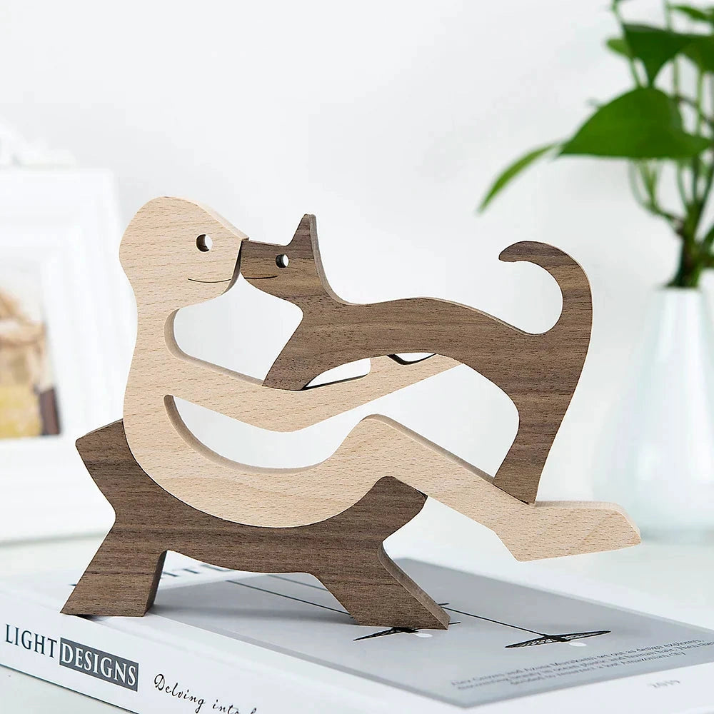 Wooden dog sculpture adorned with a striped scarf, depicted in a sitting position, showcasing artistic craftsmanship.