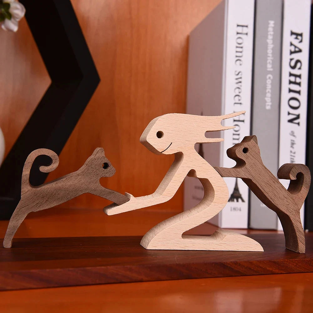 
A wooden dog sculpture featuring a striped scarf, designed as a festive holiday figurine with intricate details and a stained hardwood finish.