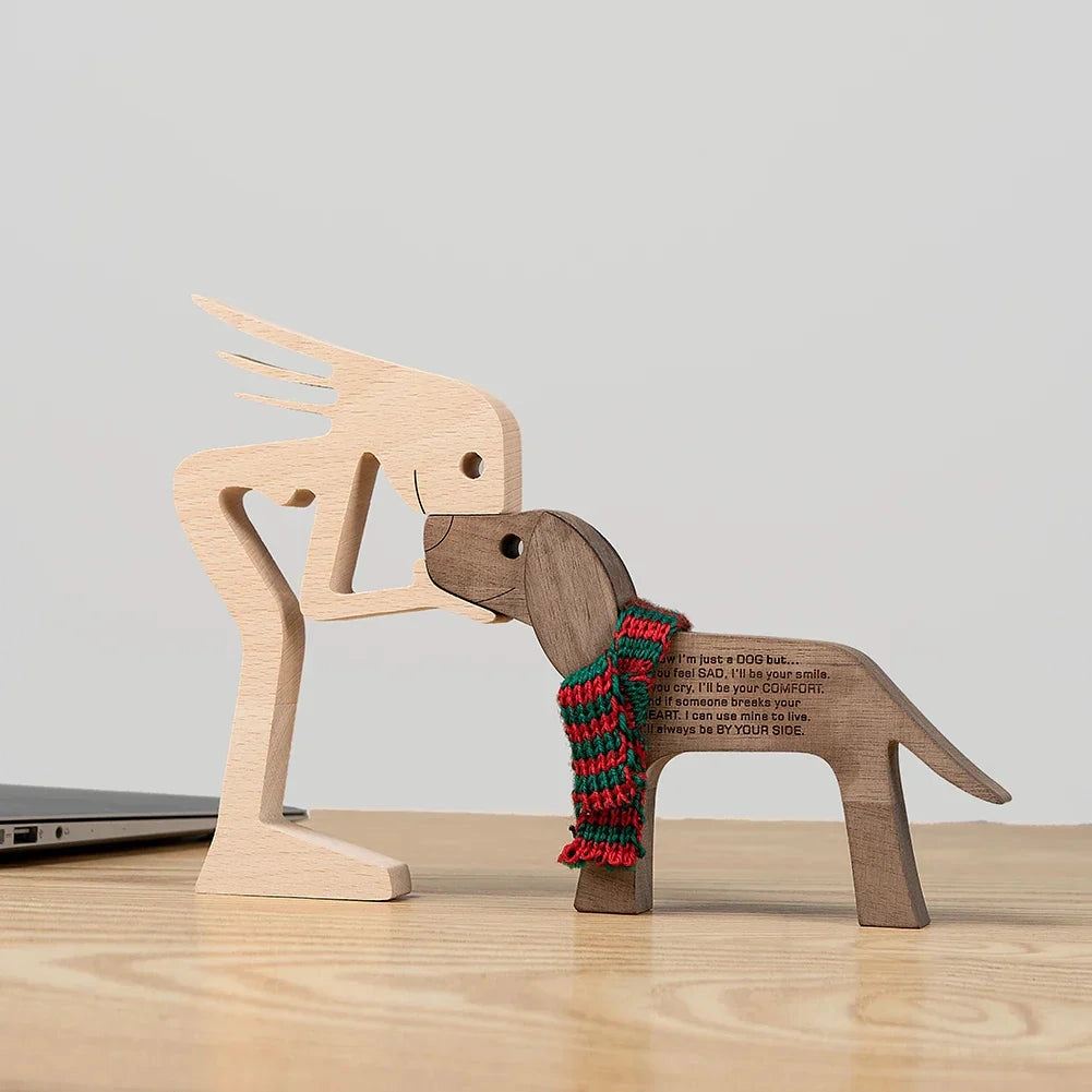 A wooden dog sculpture adorned with a festive striped scarf, designed as a holiday figurine, showcasing intricate craftsmanship and artistic detail.