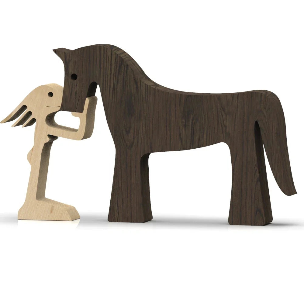 Wooden dog sculpture adorned with a striped scarf, designed as a festive holiday figurine.