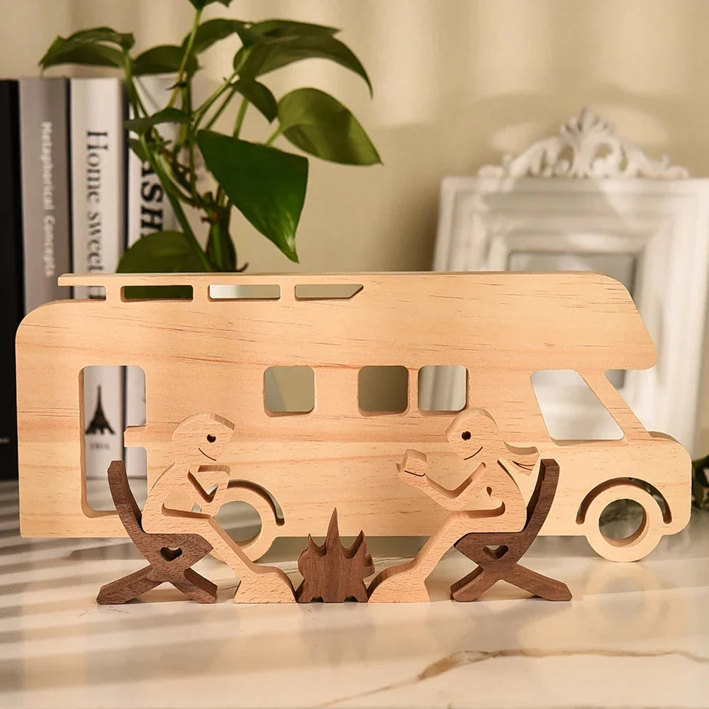 Wooden dog sculpture with a striped scarf, placed on a wooden table in an interior setting, showcasing festive holiday decor.