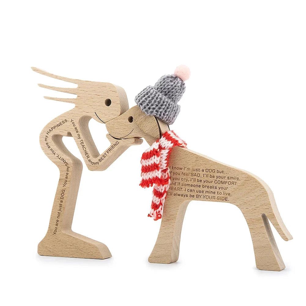 A wooden dog sculpture adorned with a striped scarf, depicting a festive holiday theme. The figurine is crafted with attention to detail, showcasing a fawn-colored finish that highlights the artistic design.