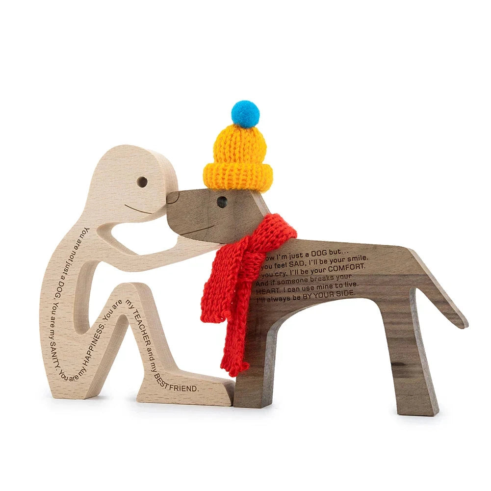 A wooden dog sculpture adorned with a colorful striped scarf, designed as a festive holiday figurine, sitting upright on a surface.