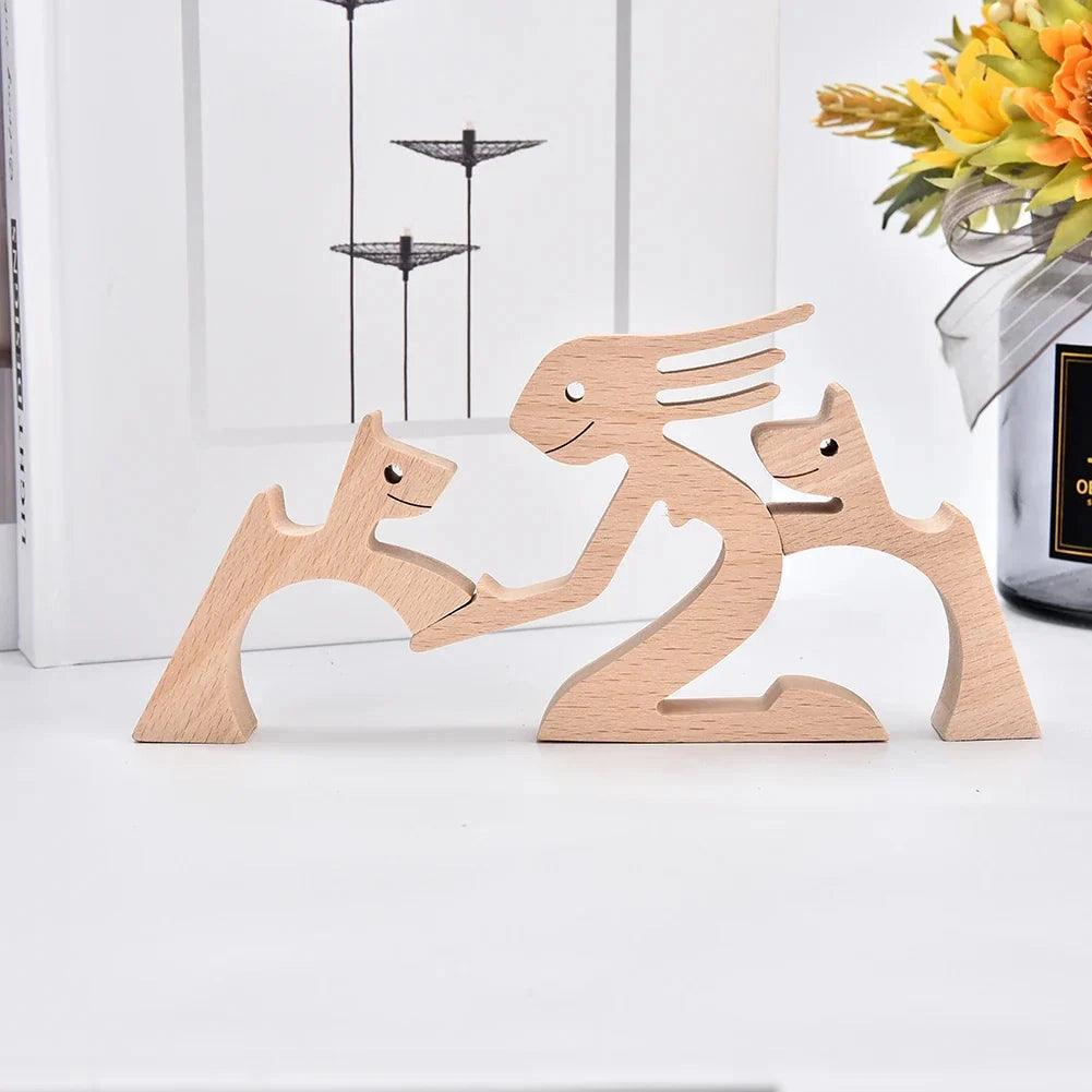 Wooden dog sculpture with a striped scarf, sitting on a wooden floor, designed as a festive holiday figurine.