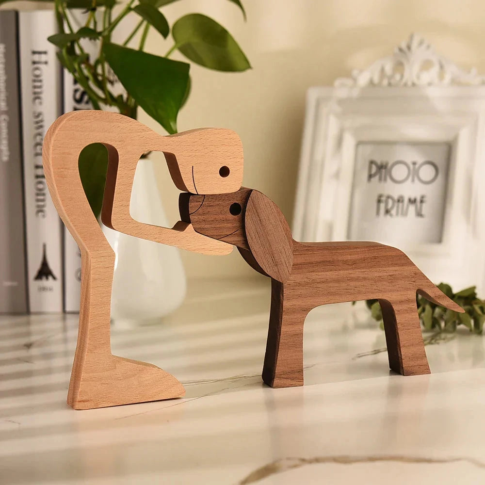 
A wooden dog sculpture adorned with a striped scarf, designed as a festive holiday figurine. The sculpture is made from hardwood and features intricate details, showcasing creative artistry.