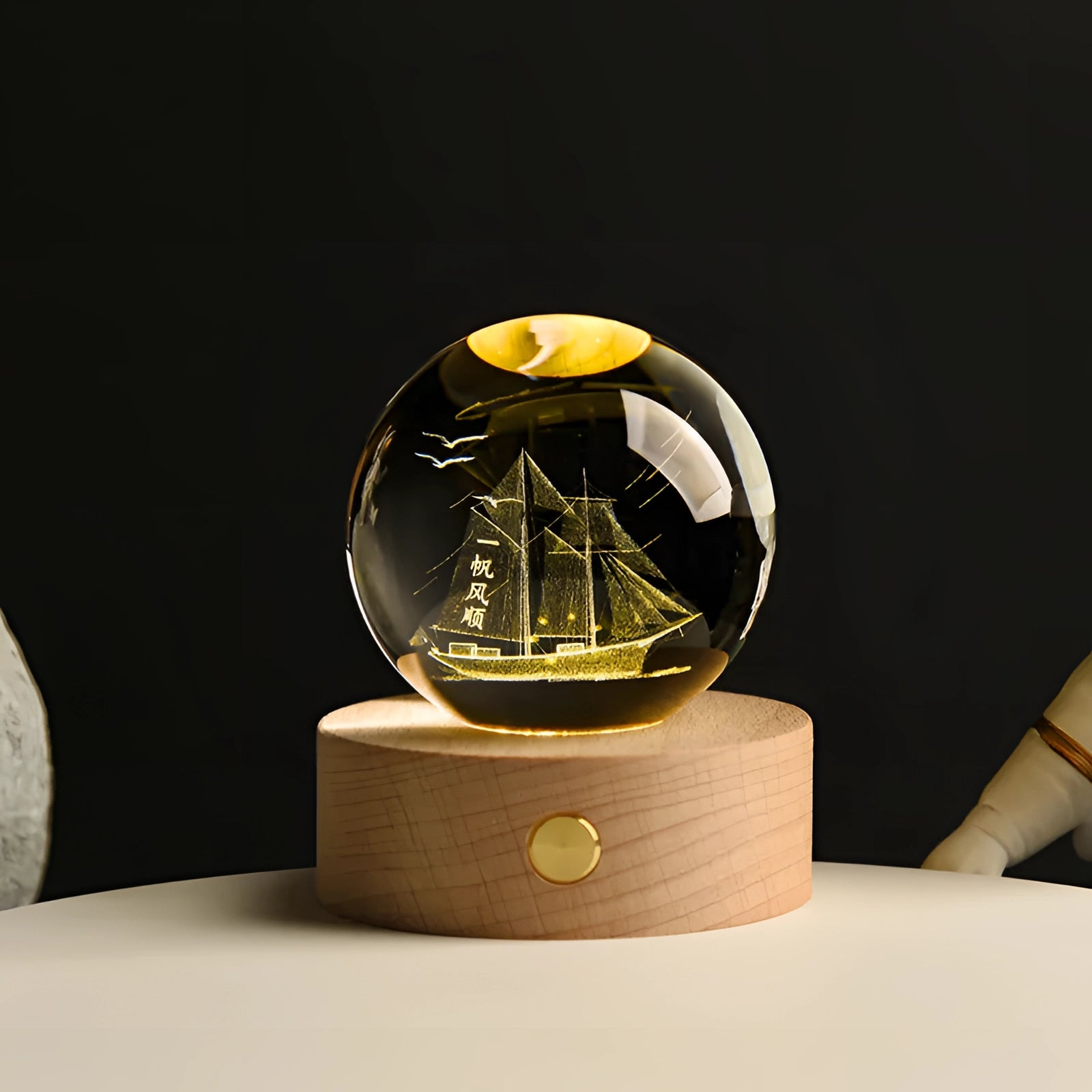 Wooden USB Aroma Diffuser shaped as a smooth circular piece, featuring a natural wood finish and subtle branding, designed for eco-friendly essential oil diffusion.