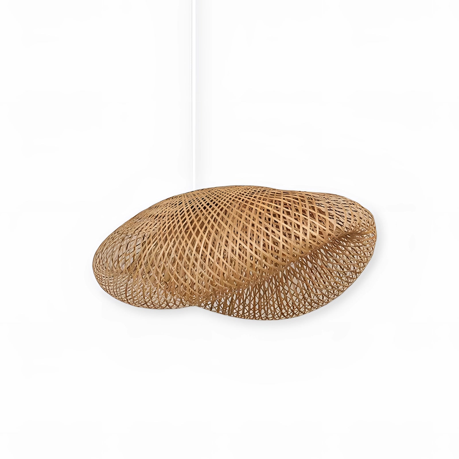 Handmade woven LED pendant light made from natural fibers, featuring an eco-friendly design with an oval and rectangular shape, showcasing intricate patterns.