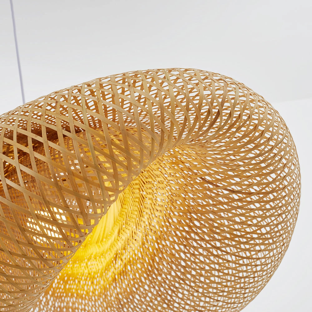 Handmade woven LED pendant light made of natural fiber, eco-friendly decor hanging with a mesh pattern and circular shape.