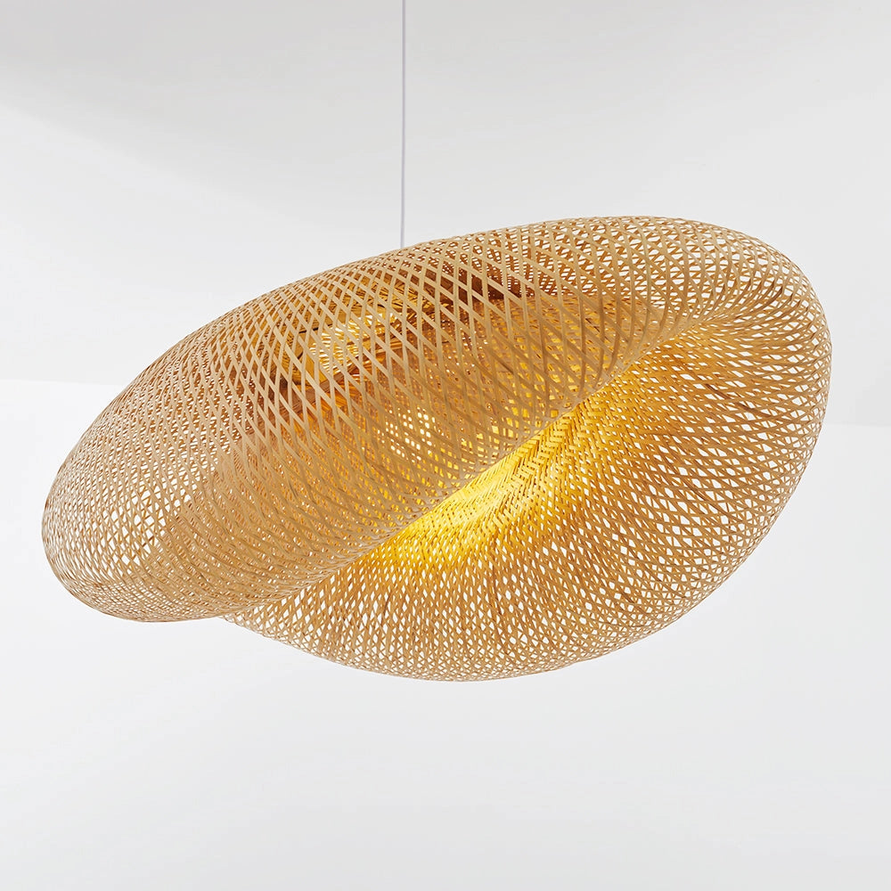 Handmade woven LED pendant light made from natural fibers, eco-friendly decor, circular design with wooden and metallic elements, hanging as a ceiling fixture.