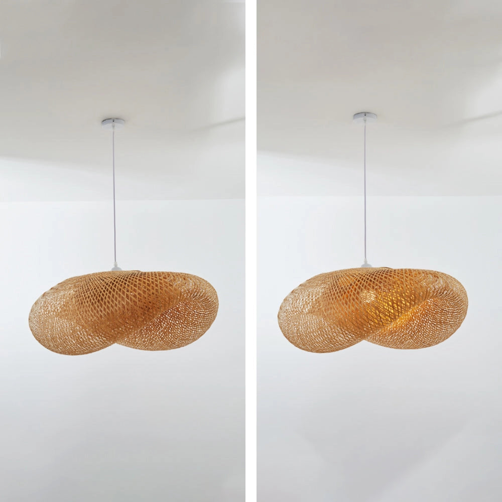 Handmade woven LED pendant light made from natural fibers, hanging as eco-friendly decor in an interior setting.