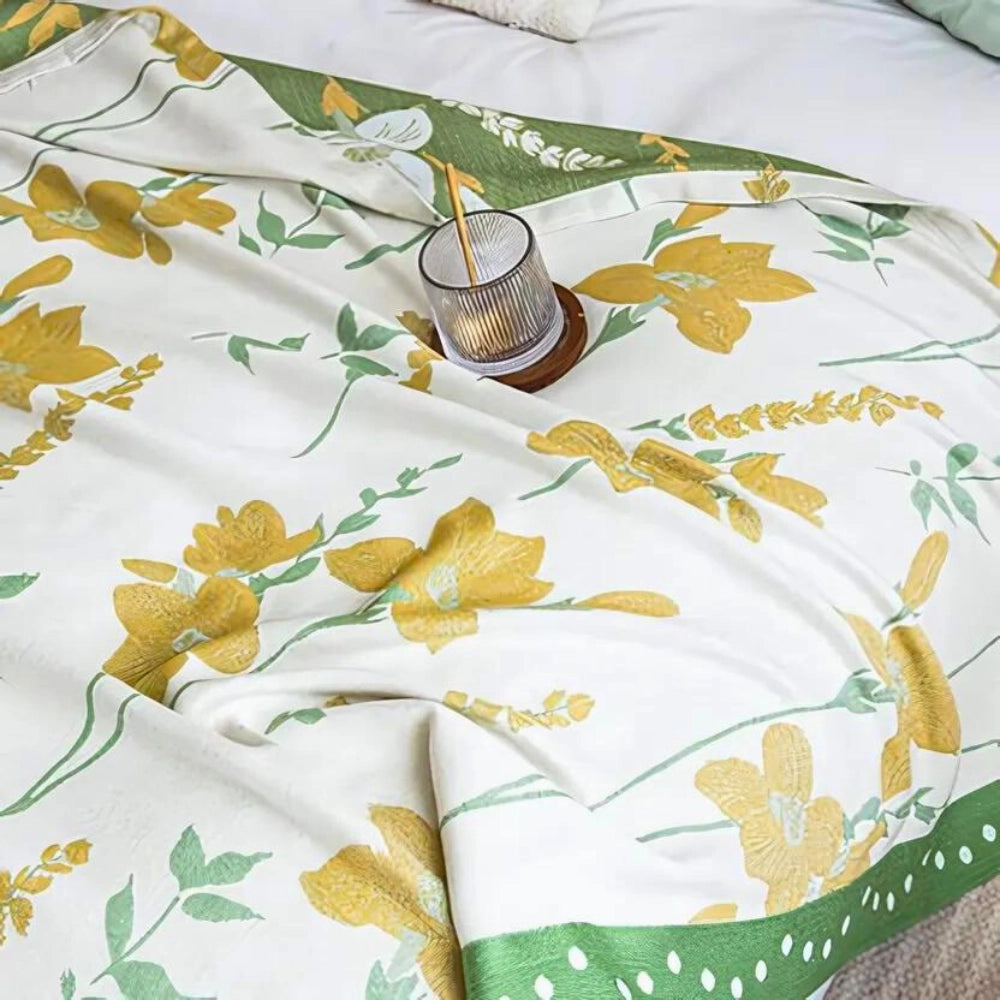 Yellow Flower Cooling Blanket made from luxury cotton featuring a botanical design.