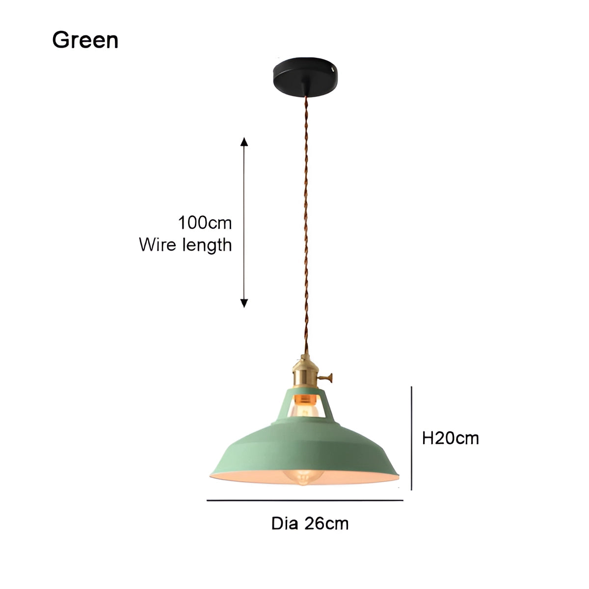 Green industrial pendant light with a modern design, featuring a circular light fixture hanging from the ceiling, suitable for illuminating kitchen and dining areas.