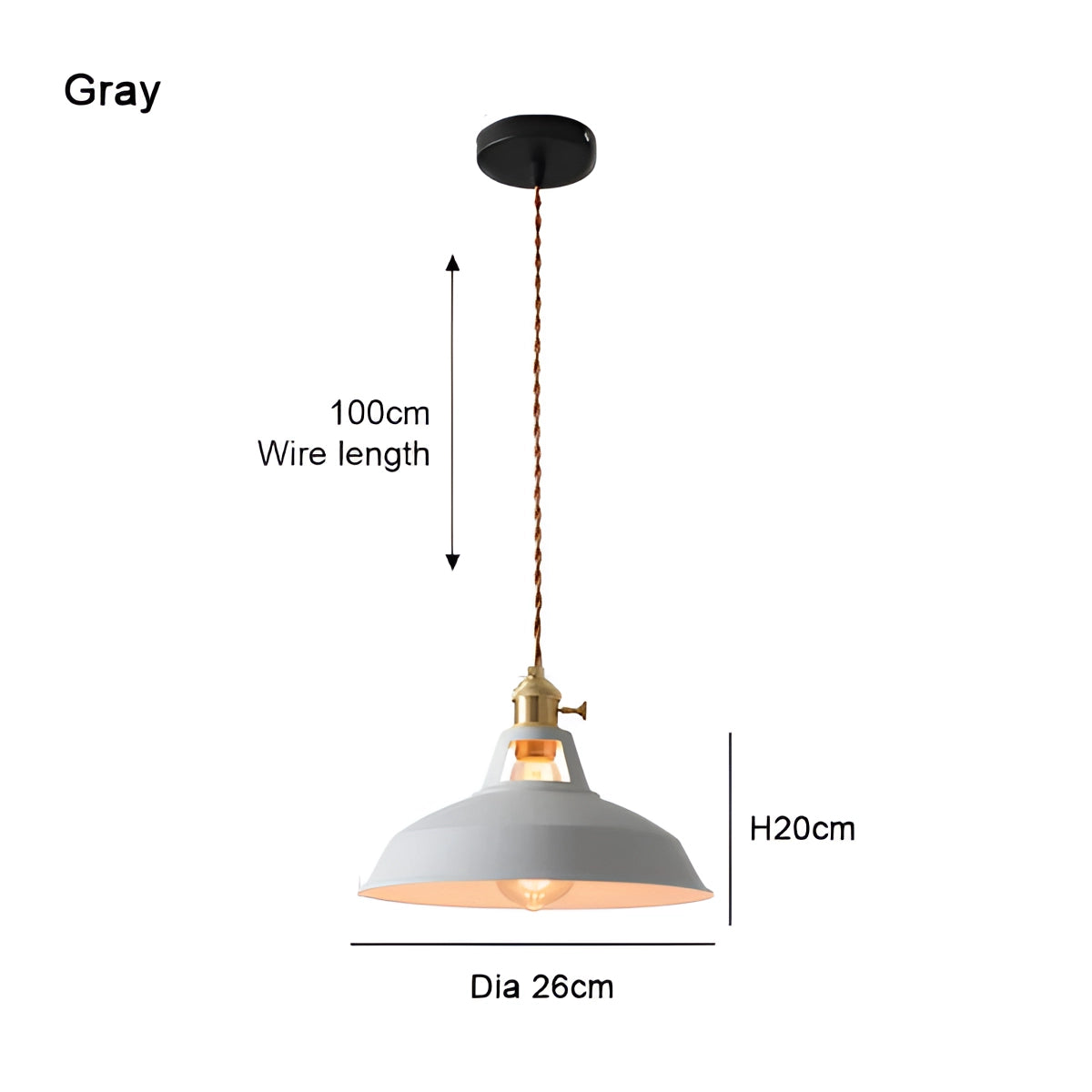 Gray industrial pendant light with a modern design, featuring a circular metal lampshade ideal for kitchen and dining area lighting.