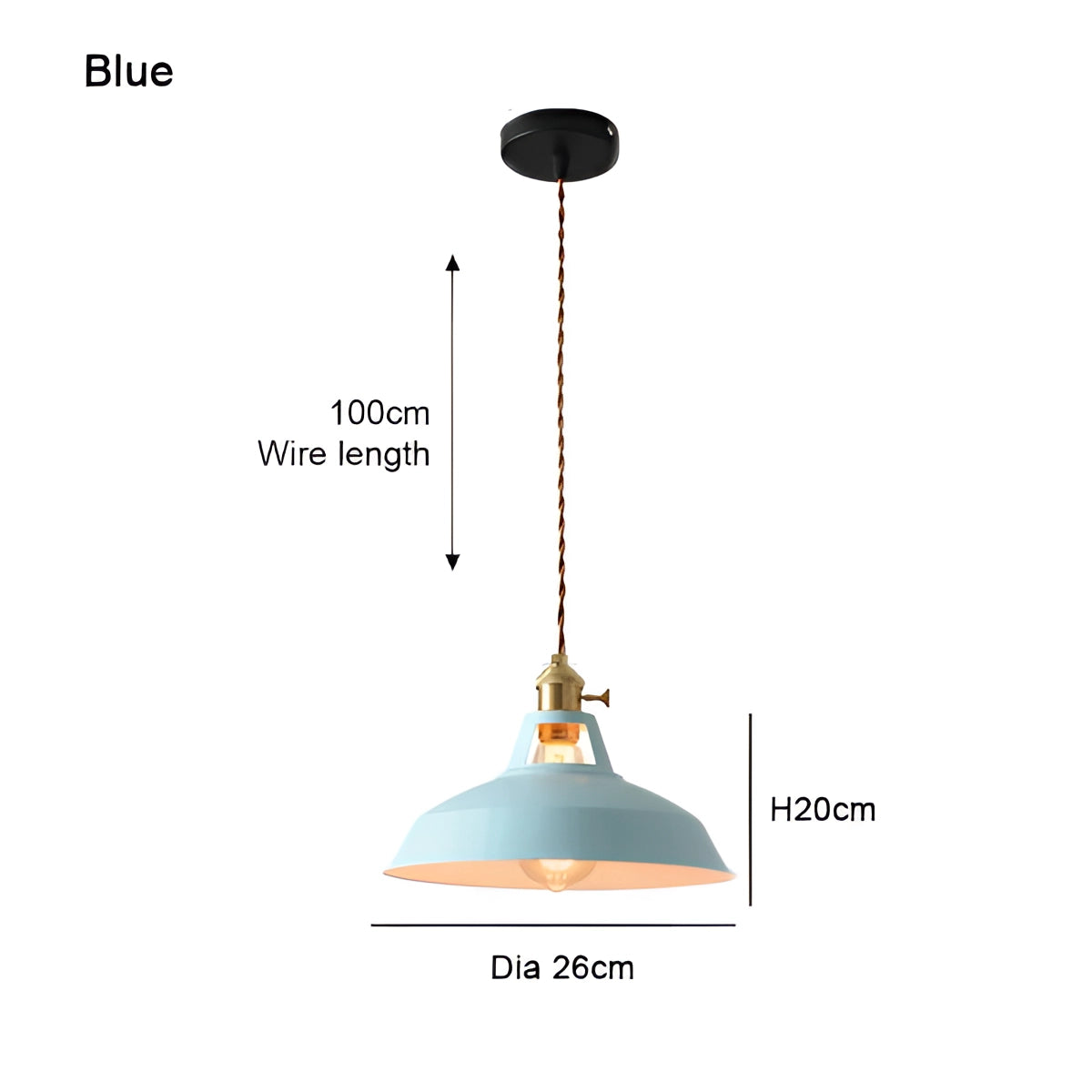 Modern blue industrial pendant light fixture with a sleek design, suitable for kitchen and dining areas. The lamp has a circular shape and is suspended, showcasing a contemporary style that adds a fashionable touch to any space.