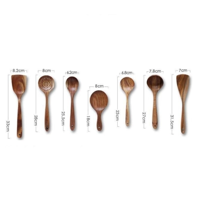 Taavita Teak Kitchen Utensils Collection - Full 7-Piece Set of Wooden Handle Cooking Utensils