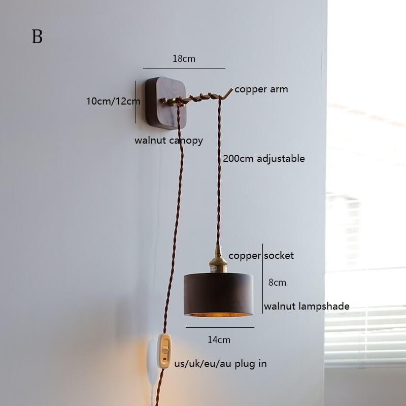 Walnut wooden wall lamp with copper arm and adjustable height.