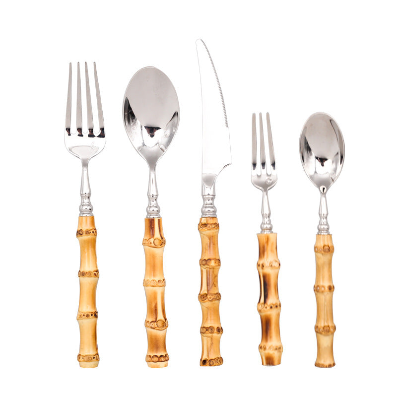 A set of eco-friendly bamboo and stainless steel cutlery