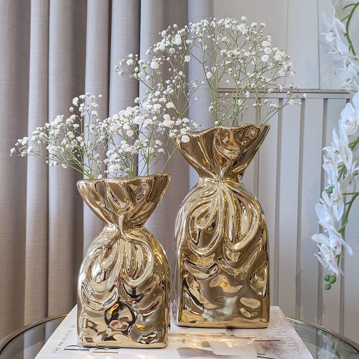 Taavita - Set of Golden Crossed Ceramic Vases for Modern Interior (Set of 2)