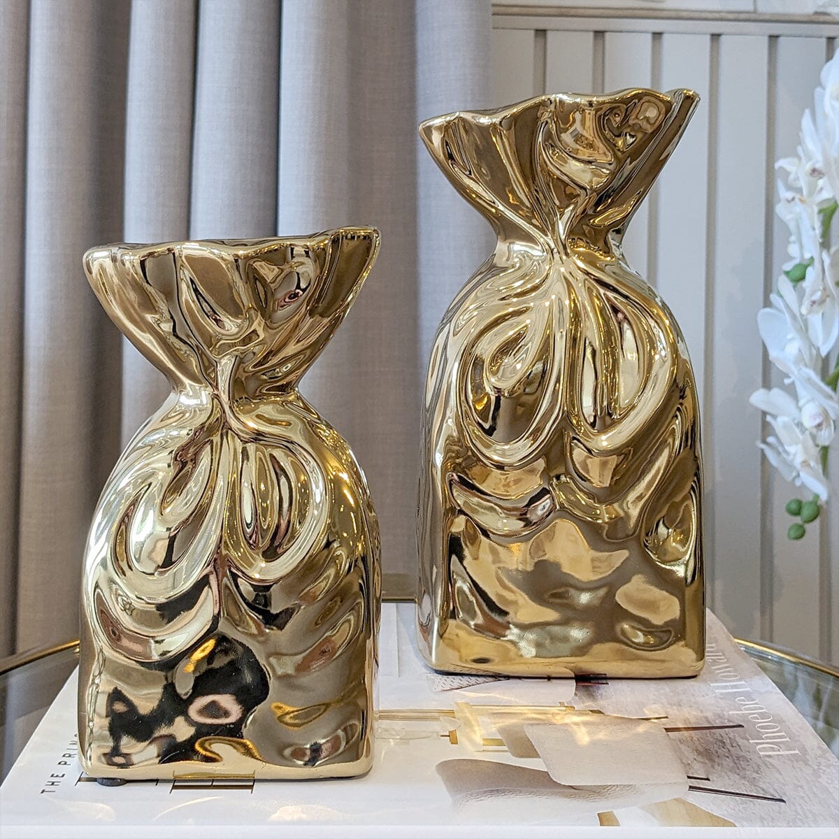 Taavita - Set of Golden Crossed Ceramic Vases for Modern Interior (Set of 2)