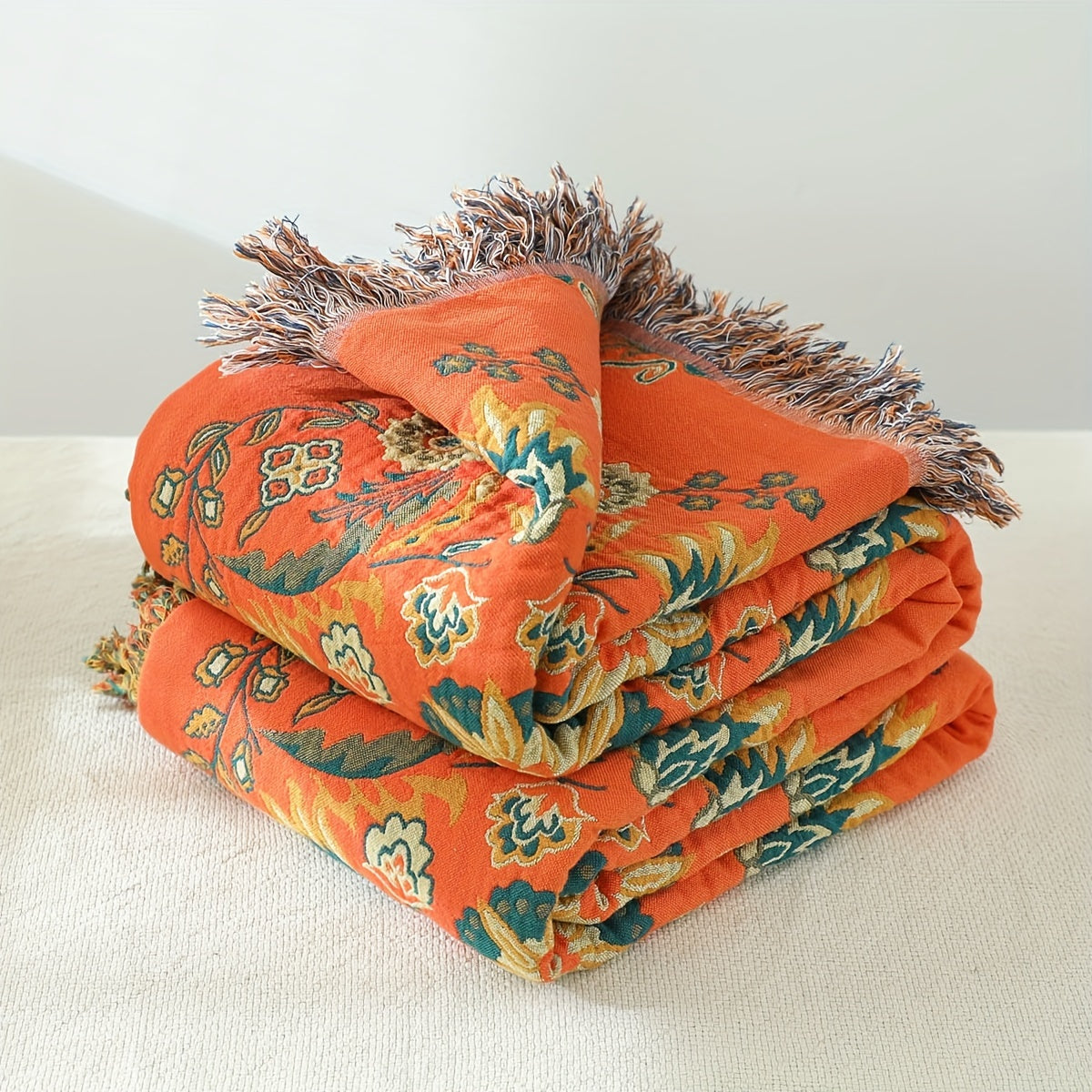 Taavita Vintage Flower Cotton Blanket with Tassels – Sofa Blanket & Nap for Stylish Living