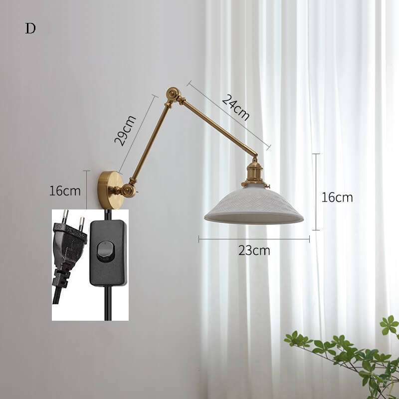 Modern ceramic wall lamp with copper swing arm and LED sconce, ideal for versatile home lighting.