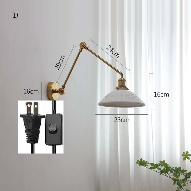 Modern ceramic wall lamp with copper swing arm and LED sconce, ideal for versatile home lighting.